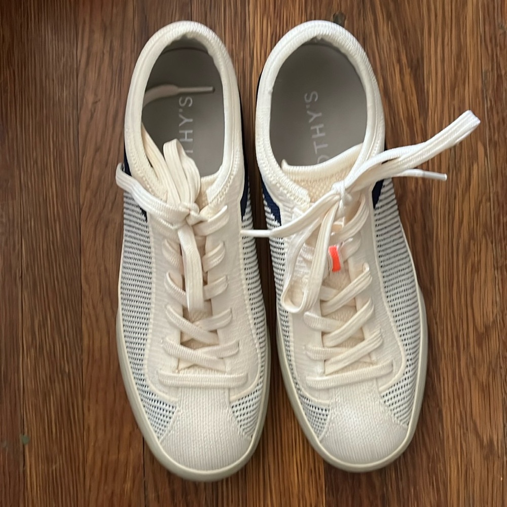 Rothy's The Lace Up Woven Cream Navy Sneakers Shoes Size 8